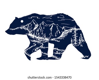 Silhouette of a bear. Inside a pine forest with a mountains, road and moon. Vector illustration, isolated object