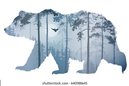 Silhouette of a bear. Inside a pine forest with a flying owl. Vector illustration, isolated object