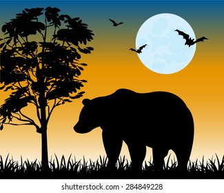 Silhouette bear on glade moon in the night