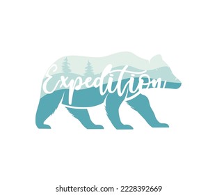 Silhouette of bear with panorama of mountains logo design. Brown bear Bear grizzly silhouette. Tourism, adventure, great outdoor, expedition, camping, climbing, hiking vector design and illustration.