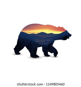 Silhouette of  bear with panorama of mountains. Valley(canyon).  Evening. Aurora.
