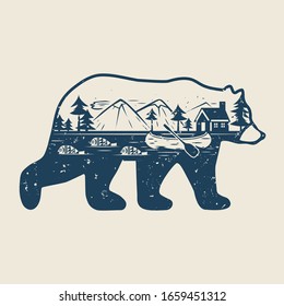 
Silhouette of a bear, river, canoe, fish, forest, mountains and a lodge on the shore. Double exposure. Wildlife concept. Vector vintage illustration.
