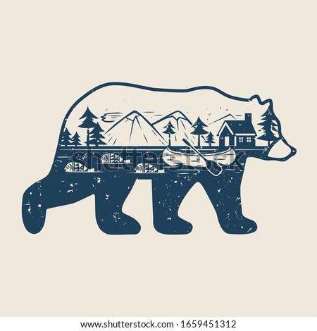 
Silhouette of a bear, river, canoe, fish, forest, mountains and a lodge on the shore. Double exposure. Wildlife concept. Vector vintage illustration.
