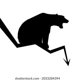 Silhouette Of Bear Sitting On Downward Trend Arrow Isolated On White. Market Fall Symbol. Vector Illustration.