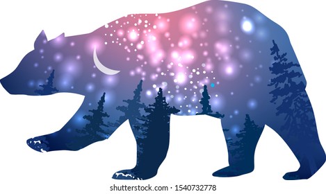 Silhouette of a bear with space galaxy background effect inside