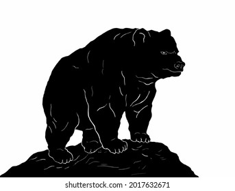 Silhouette Of A Bear Standing On A Hill.Muscular Grizzly Bear.A Grizzly Stands On A Hill.Silhouette Of A Grizzly.Strong Bear. Sketch Of A Bear.Animal Sketch.Black Silhouette Of A Grizzly.