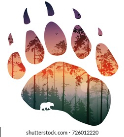 silhouette of a bear track. Inside the forest landscape with a bear. Vector illustration, isolated object. 