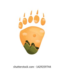 Silhouette of a bear track with a landscape inside. Vector illustration on white background.