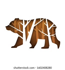 Silhouette of bear with tree branches isolated on white background in paper cut trendy craft cartoon style. Minimalistic creative modern design for branding cover, poster. Vector illustration.