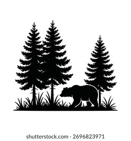 Silhouette eines Bären, der durch einen Pinienwald geht