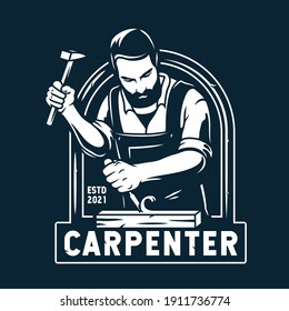 Silhouette of bearded carpenter. Woodworker with chisel in his hands. Monochrome wood carving woodcraft logo