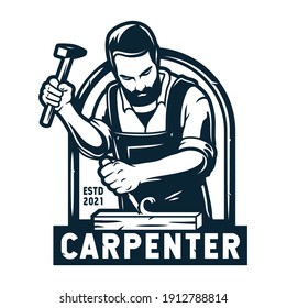 Silhouette of bearded carpenter. Woodworker with chisel in his hands. Monochrome wood carving woodcraft logo