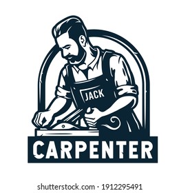 Silhouette of bearded carpenter. Woodworker with jointer in his hands. Monochrome logo of wood carving