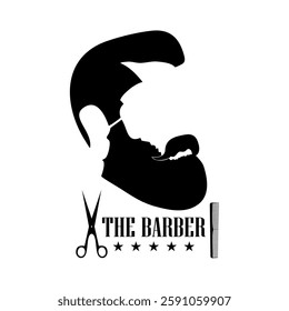 Silhouette of a bearded man with crossed scissors and comb, vintage barber theme