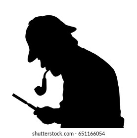 Silhouette of a bearded man investigating with a magnifying glass Sherlock hat and pipe