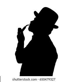 Silhouette of a bearded man smoking pipe with bowler hat looking up 