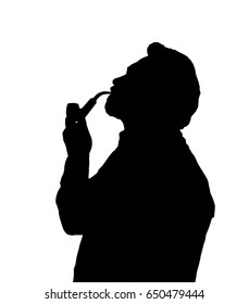 Silhouette of a bearded man smoking pipe looking up 