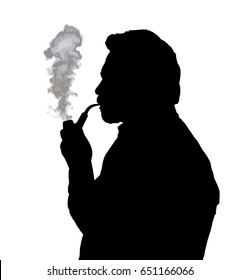 Silhouette of a bearded man smoking pipe thinking 