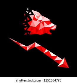 Silhouette of bears head and falling graf in low poly style. Bearish market trend concept. Vector 10 eps illustration. Isolated on black background.
