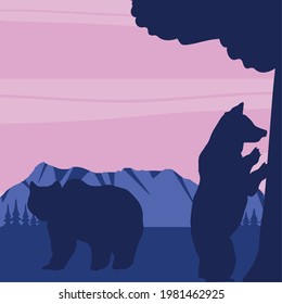 silhouette bears tree mountains scene