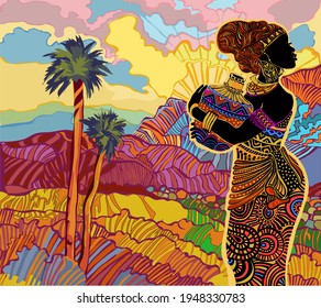 Silhouette of a beautiful African woman against the backdrop of a bright decorative southern landscape with mountains.