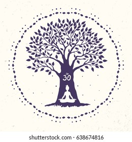 Silhouette of beautiful and amazing big tree with woman sit in Lotus pose. Practicing yoga. Vector illustration.