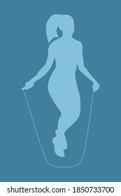 Silhouette of a beautiful athletic girl with hair gathered in a ponytail jumping on a skipping rope. Blue color background