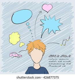 Silhouette of a beautiful boy with thoughts about everything. Vector illustration