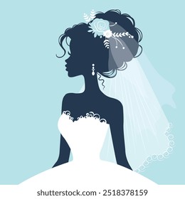 silhouette of a beautiful bride in a wedding dress with veil