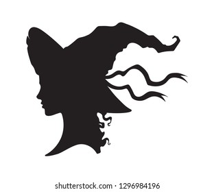 Silhouette of beautiful curly witch girl in pointy hat in profile isolated hand drawn vector illustration