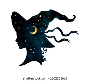 Silhouette of beautiful curly witch girl in pointy hat with crescent moon and stars in profile isolated hand drawn vector illustration