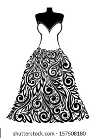 Silhouette of a beautiful dress with a floral element. Can be used for decoration of wedding cards. Many similarities to the author's profile