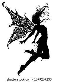 Silhouette a Beautiful and elegant fairy girl, soaring up caught in the wind , she has beautiful patterned wings, on her feet she has shoes with a pointed nose, she is dressed in a short skirt. 2D
