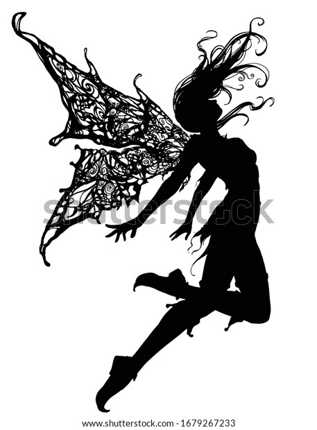 風に舞い上がる美しく優美な妖精をシルエットで描き 美しい羽を持ち 鼻先の尖った靴を履き 短いスカートをはいています 2次元 のベクター画像素材 ロイヤリティフリー