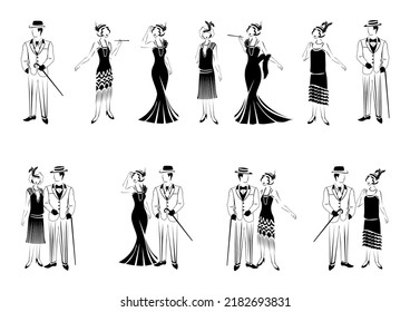 Silhouette eines schönen und eleganten Mädchen und Mann in Retro-Kleidung. Mode 1920. Große Vektorgrafik einzeln auf weißem Hintergrund.