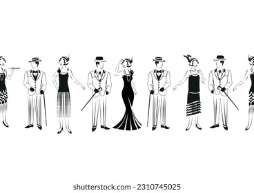 Silhouette of a beautiful and elegant girl and man in retro clothes. Seamless pattern 1920s fashion for paper, fabric or gift wrapping.