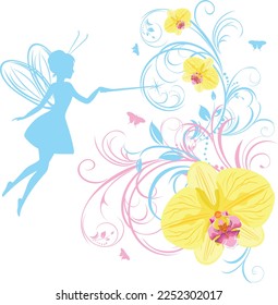 Silhouette of a beautiful fairy and blooming orchids. Vector