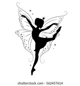 Silhouette of beautiful fairy. Hand drawn, isolated on white background.