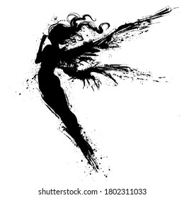 A silhouette of a beautiful fairy with long blotted wings, she thoughtfully flies up, stretching her slender legs. 2D illustration.
