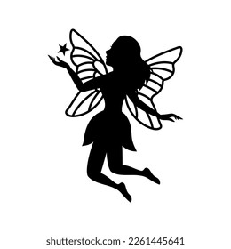 Silhouette of beautiful fairy. Mythical tale character logo. Little creature with wings. Magical fairy in dress