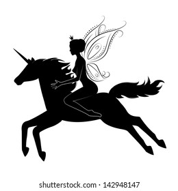 Silhouette of a beautiful fairy riding on magical unicorn.