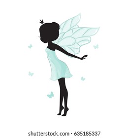 Silhouette of beautiful fairy. She is ballerina and dancing with butterfly. She is in a blue gentle, air dress. Hand drawn, isolated on white background.