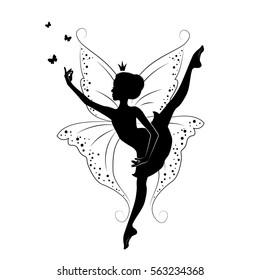 Silhouette of beautiful fairy. She is dancing with butterflies. Hand drawn, isolated on white background.  