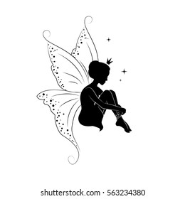 Silhouette of beautiful fairy. She is daydreaming.  Hand drawn, isolated on white background.  