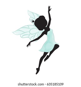 Silhouette of beautiful fairy. She is flying. She is in a blue gentle, air dress. Hand drawn, isolated on white background.