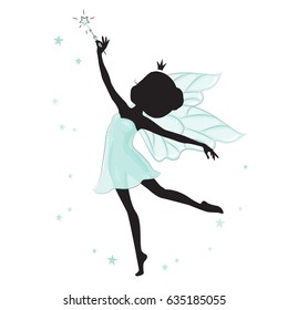 Silhouette of beautiful fairy. She has a magic wand in her hand.She is in a blue gentle, air dress. Hand drawn, isolated on white background.