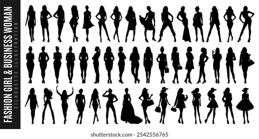 Silhouette of beautiful fashion girl, professional corporate business woman, office people, female model and smart lady in different poses isolated on white background. Young woman lifestyle symbol.