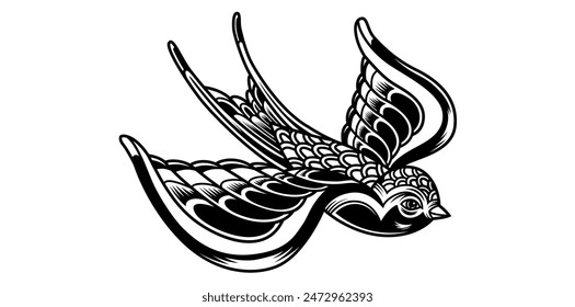 Silhouette Of Beautiful Flying Swallow Bird Icon, Drawing Style Bird Logo Vector Illustration.	