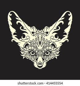 Silhouette of a beautiful fox. Patterned head fox Fenech. Elegant design with a wild animal head. Tattoo design with a fox. Print fabric with white fox.