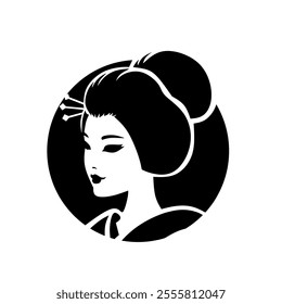 Silhouette Beautiful geisha japanese woman. Graphic drawing. Vector illustration.